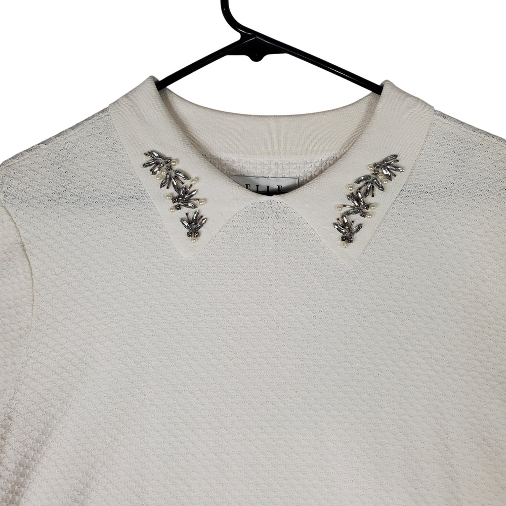 Elle Womens XXL White Textured Knit Top Rhinestone Pearl Embellished Collar